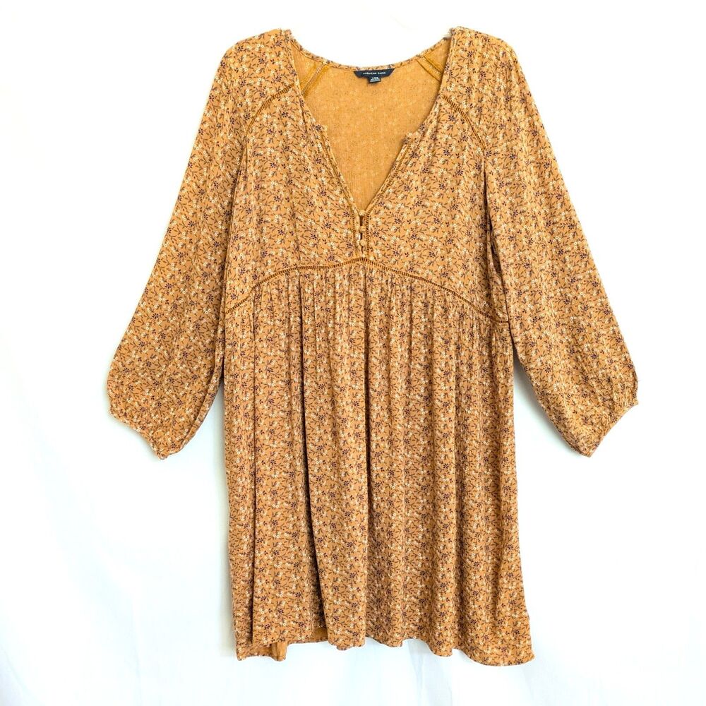 American Eagle Floral Yellow Gold Crinkle Gauze Babydoll Dress Size Large